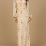 Long Sleeve Beaded Gown with Bishop Sleeves