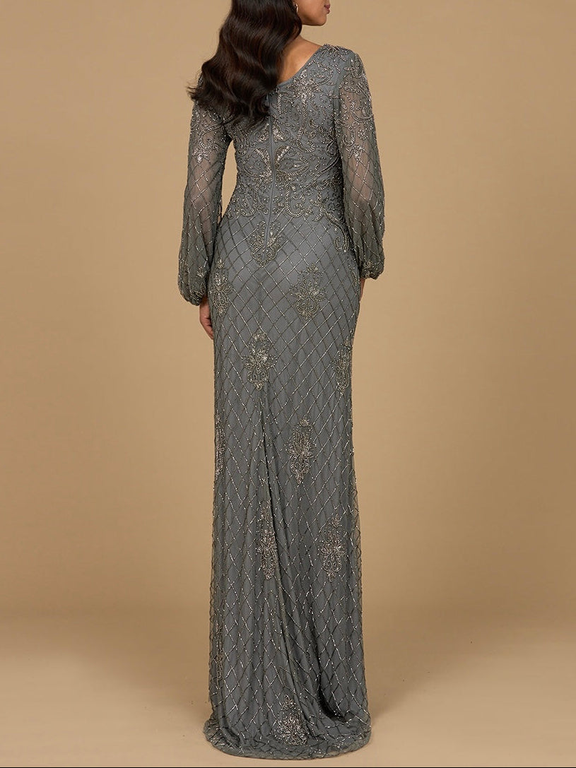 Long Sleeve Beaded Gown with Bishop Sleeves