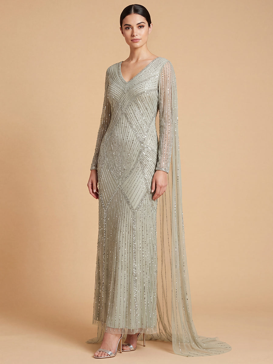 Long Sleeve Beaded Gown with Cape
