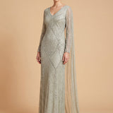 Long Sleeve Beaded Gown with Cape