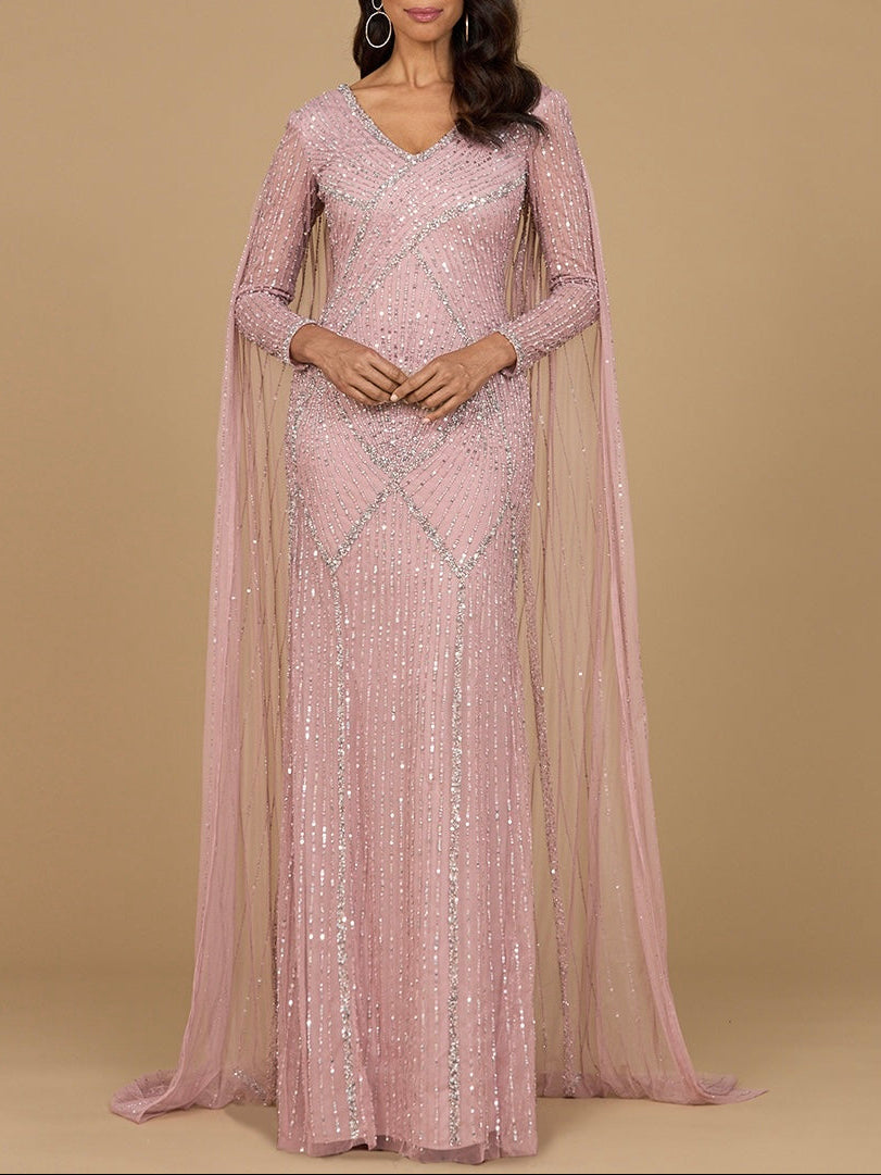 Long Sleeve Beaded Gown with Cape