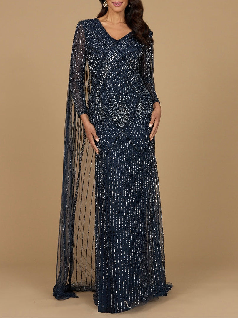 Long Sleeve Beaded Gown with Cape