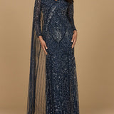 Long Sleeve Beaded Gown with Cape