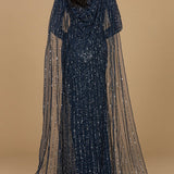 Long Sleeve Beaded Gown with Cape