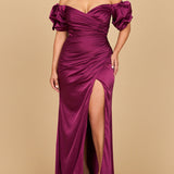 Off Shoulder Satin Dress with Slit