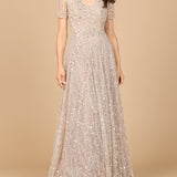 Short Sleeve V-Neck Beaded Ballgown