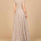 Short Sleeve V-Neck Beaded Ballgown