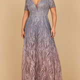 Lara 28961 - Short Sleeve V-Neck Beaded Ballgown