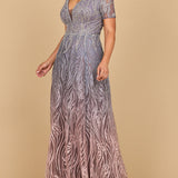 Lara 28961 - Short Sleeve V-Neck Beaded Ballgown