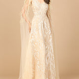V-Neck Lace Gown with Cape Sleeves