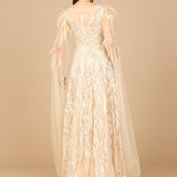 V-Neck Lace Gown with Cape Sleeves