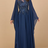 Chiffon A-line Long Gown with Cape Sleeves