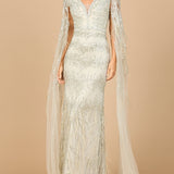 V-Neck Gown with Long Cape Sleeves and Feathers