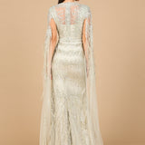 V-Neck Gown with Long Cape Sleeves and Feathers