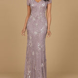V-Neck, Short Sleeve Beaded Gown