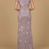 V-Neck, Short Sleeve Beaded Gown