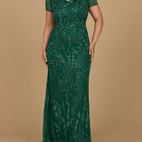 V-Neck, Short Sleeve Beaded Gown
