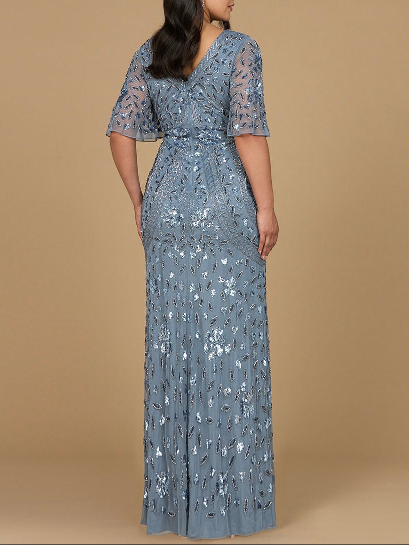 V-Neck, Cape Sleeve Beaded Gown