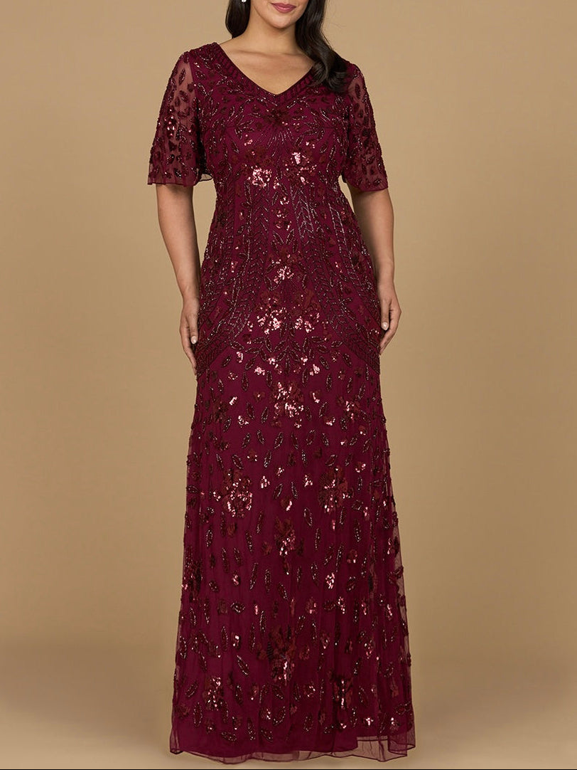V-Neck, Cape Sleeve Beaded Gown