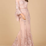 Lace, V Neck, Long Bell Sleeve Gown