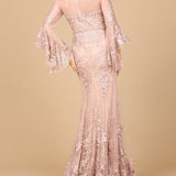 Lace, V Neck, Long Bell Sleeve Gown