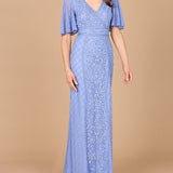 V-Neck, Cape Sleeve Beaded Gown with Belt