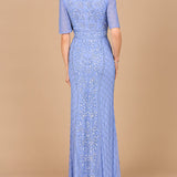 V-Neck, Cape Sleeve Beaded Gown with Belt