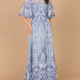 Embroidered, Cape Sleeve A-line Gown