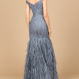 Off Shoulder Mermaid Beaded Gown with Feathers