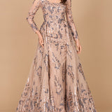 Long Sleeve Scoop Neck Lace Gown with Overskirt