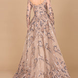 Long Sleeve Scoop Neck Lace Gown with Overskirt