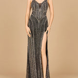 Spaghetti Strap Beaded Gown with Slit