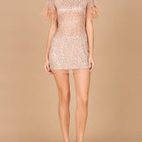 Short Sleeve Cocktail Dress with Feathers