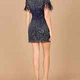 Short Sleeve Cocktail Dress with Feathers