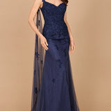 Embroidered Lace Gown with Flowing Capes