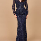 Long Sleeve Beaded Peplum Dress