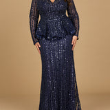 Long Sleeve Beaded Peplum Dress