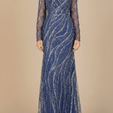 Long Sleeve Sheath Gown with Silver Beads