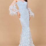Cold Shoulder Mermaid Lace Gown with Feathers - OUTLET