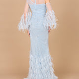 Cold Shoulder Mermaid Lace Gown with Feathers - OUTLET