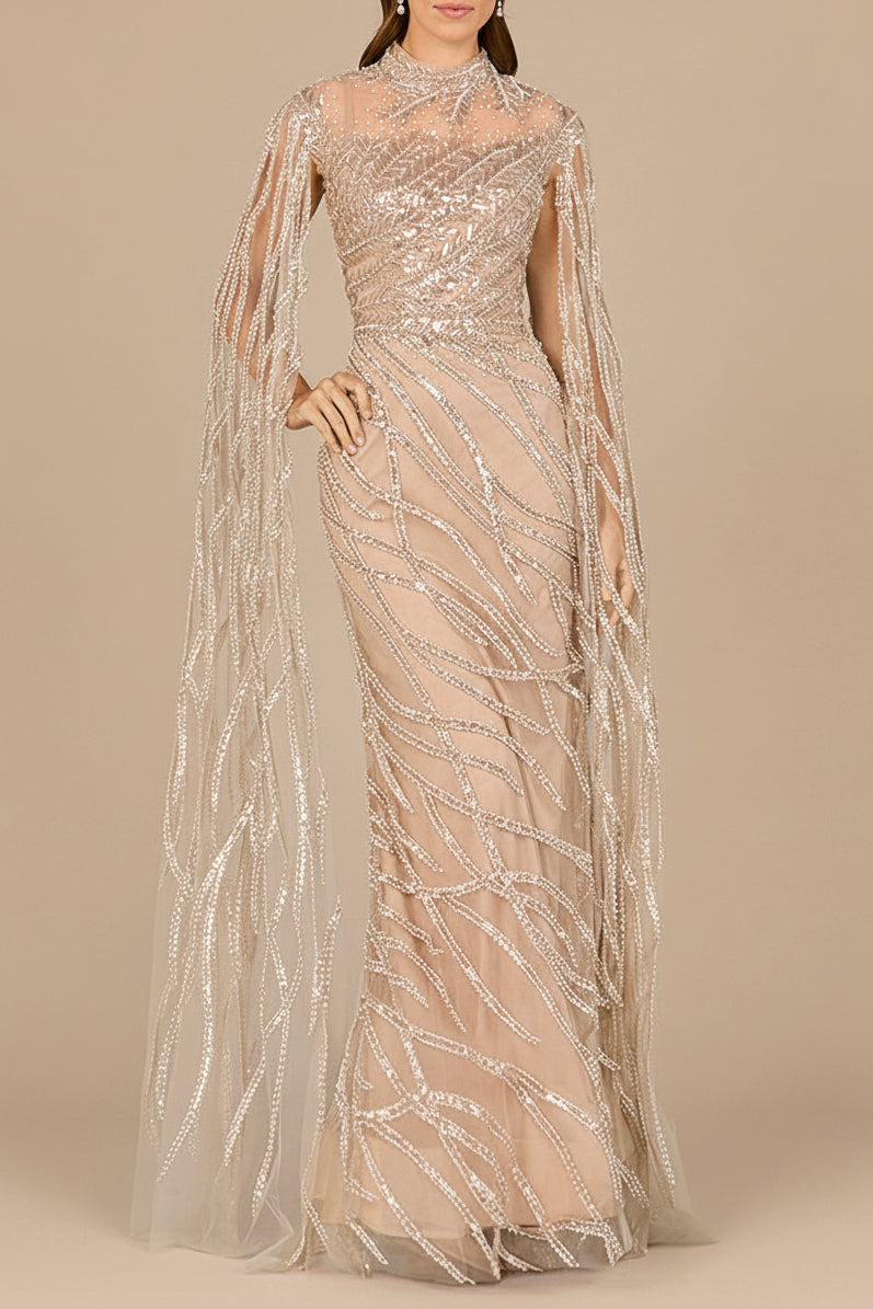 High Neck Gown with Long Cape Sleeves