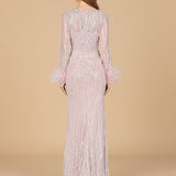 Long Sleeve Sheath Gown with Feathers