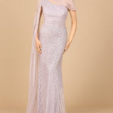 One Shoulder Fitted Gown with Cape Sleeve | Lara 29051