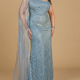 One Shoulder Fitted Gown with Cape Sleeve | Lara 29051