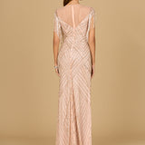 Beaded Fringe Illusion Dress with Cap Sleeves