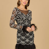 Beaded Short Dress with Feathers and Sleeves