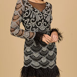 Beaded Short Dress with Feathers and Sleeves