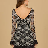 Beaded Short Dress with Feathers and Sleeves
