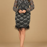 Beaded Short Dress with Feathers and Sleeves