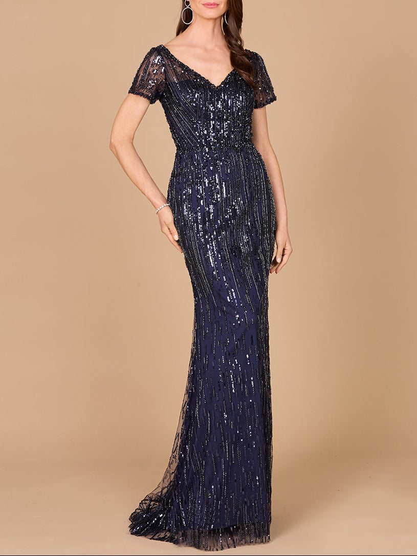 Short Sleeve, Beaded Mermaid Gown
